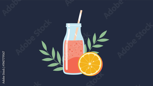 Refreshing orange smoothie in a glass bottle with a straw and fresh orange slice against a dark navy blue background.