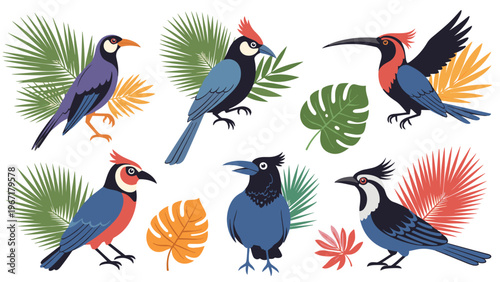 Large set of colorful tropical birds with exotic plumage and various palm and monstera leaves on a white background.