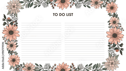 Elegant To Do List template featuring a beautiful border of pink daisies and green leaves for garden themed planning.