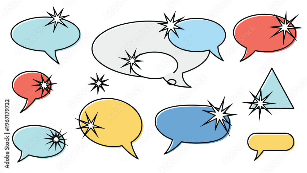 Obraz premium Large set of various colorful speech and thought bubbles decorated with star-shaped sparkles on a clean white background.