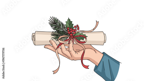 Detailed illustration of a person hand holding a rolled paper scroll decorated with red holly berries and pine branches.