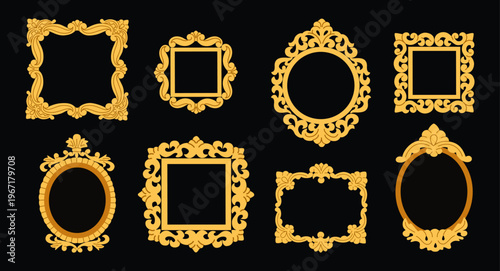 Set of golden vintage empty frames in victorians style. Decorative retro borders for painting, photos, mirrors. Hand drawn vector vector illustration isolated on black background, flat cartoon style.