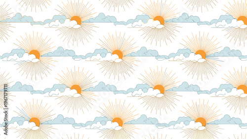 Seamless repeating pattern featuring many stylized orange suns with rays rising behind soft blue and white clouds.