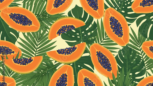 Seamless tropical pattern with bright orange sliced papayas and various green jungle leaves on a pale yellow background.