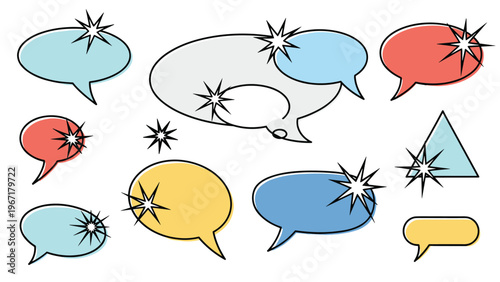 Large set of various colorful speech and thought bubbles decorated with star-shaped sparkles on a clean white background.