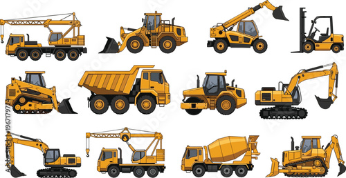 Detailed vector illustration of twelve yellow construction vehicles including crane, loader, forklift, dump truck, excavator, bulldozer, roller, mixer, handler