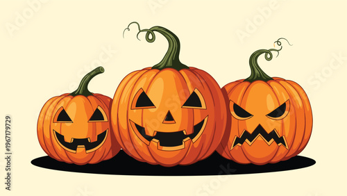 Three spooky Halloween jack-o-lantern pumpkins with different scary expressions against a plain light yellow background.