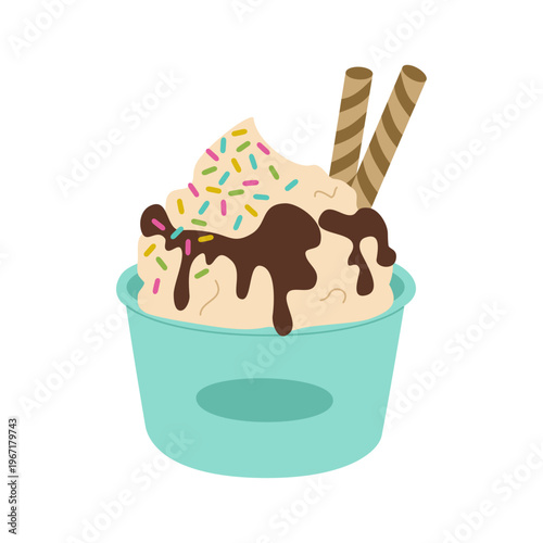 Ice cream in paper cup with chocolate glaze , sprinkle and waffle sticks. Sweet summer refreshing food, frozen dessert. Hand drawn vector illustration isolated on white background, flat cartoon style