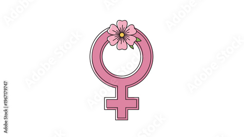 Pink female gender symbol decorated with a beautiful five-petal flower at the top on a plain white background.