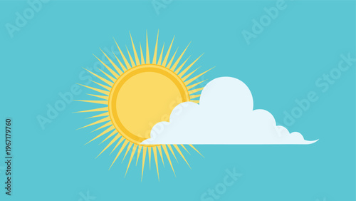 Simple flat design illustration of a bright yellow sun partially covered by a white fluffy cloud on a blue sky background.