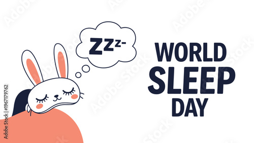 Cute illustration for World Sleep Day featuring a sleeping rabbit wearing a black eye mask tucked under a pink blanket.