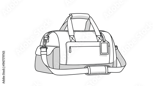 Clean black and white line art illustration of a professional travel duffel bag with handles and a long shoulder strap.