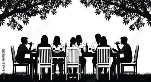 Black and white silhouette illustration of eight people seated around outdoor dining table with wine glasses and bottles, representing social gathering, communal eating, and garden party concept