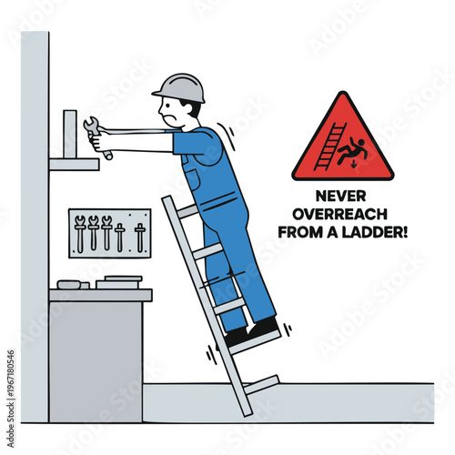 Unsafe ladder use overreaching leads to dangerous fall risk.
