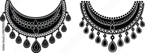 Ornate symmetrical necklace designs with crescent base, teardrop pendants, intricate black and white ornamental jewelry illustration showcasing craftsmanship and decorative art
