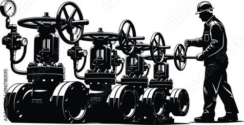 Black and white technical illustration of worker operating large industrial valves with handwheels, connected piping, and pressure gauge, representing mechanical engineering, fluid control