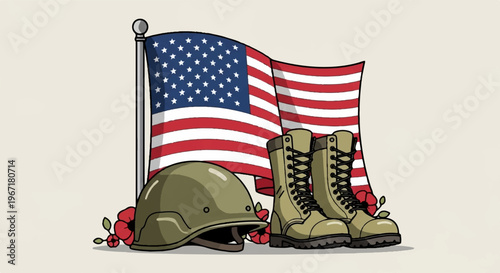 American patriotic symbols, USA flag, military helmet, combat boots, vector illustration