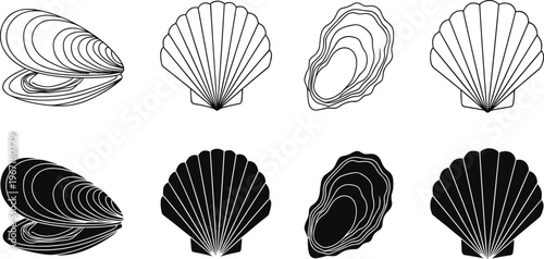 Seashell and Mollusk Vector Icon Set Featuring Clam, Oyster, Scallop, and Mussel Designs in Black Silhouette and Outlined Line Art Style