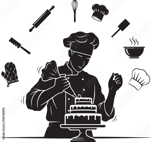 Black silhouette chef decorating cake with baking tools