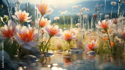 Beautiful crocus flowers in the meadow. Spring landscape