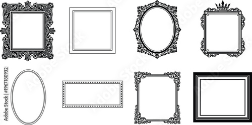 Vintage picture frame silhouette set, antique ornate border collection with baroque, oval, and crown designs for classic gallery wall isolated on white background