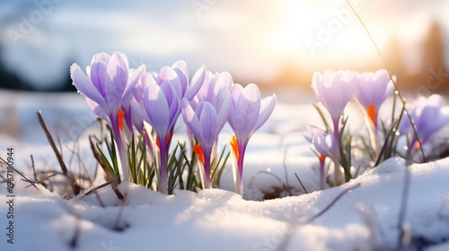 Beautiful crocus flowers in the snow. Early spring. Symbol of peace and joy