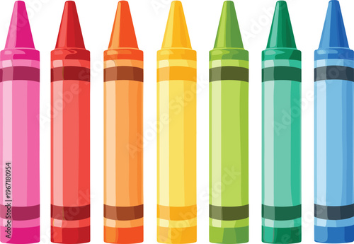Colorful illustration of seven crayons arranged in horizontal line with pink, red, orange, yellow, green, and blue shades, symbolizing creativity, childhood art, and drawing concept