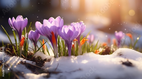 Beautiful crocus flowers in the snow. First spring flowers