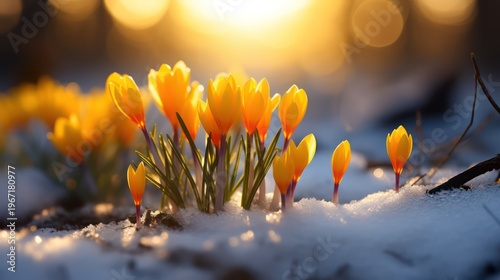 Beautiful crocuses in the snow in the rays of the setting sun