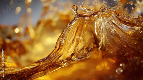 A close-up view of golden liquid splashing and flowing dynamically in a visually striking pattern.