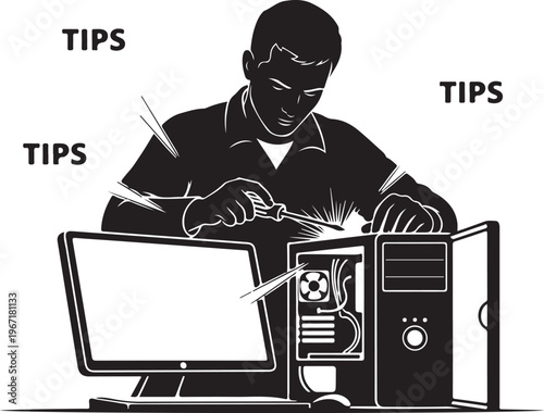 Black silhouette man repairing computer with tips labels