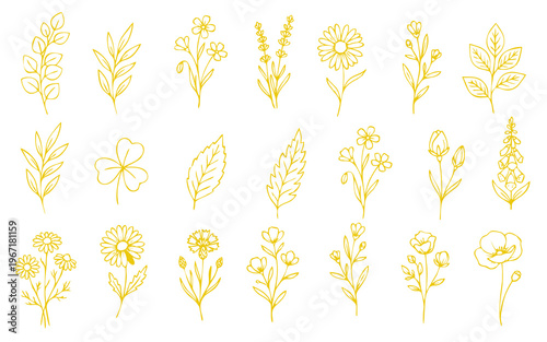 Floral branch and minimalist flowers for logo or tattoo. Hand drawn line wedding herb, elegant leaves for invitation save the date card. Botanical rustic trendy