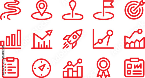 Set of red line icons representing business analytics and growth metrics