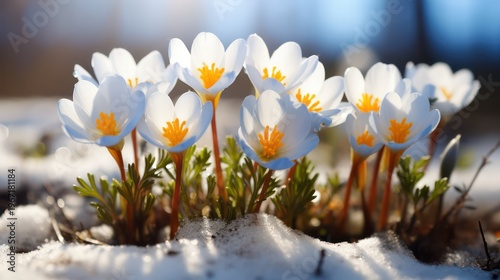 White crocuses in the snow on a sunny day. First spring flowers