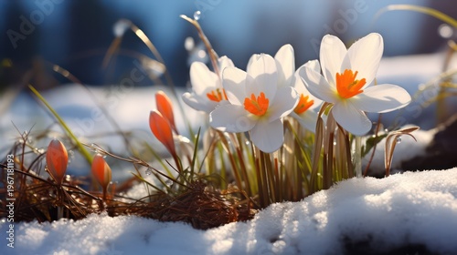 White crocus flowers in the snow. Early spring in the mountains