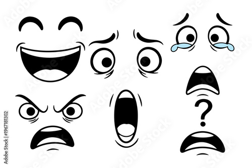 Cartoon Comic Emotions Collection, Fun Expression Icons and Graphic Elements Vector