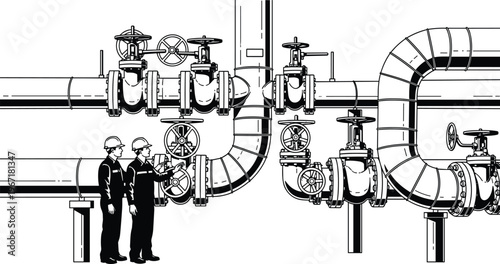 Detailed black and white technical illustration of industrial piping system with valves, flanges, fittings, and workers inspecting equipment, representing 