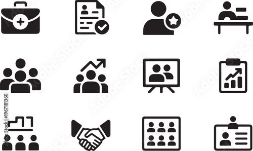 Set of icons representing various professional and business meeting concepts