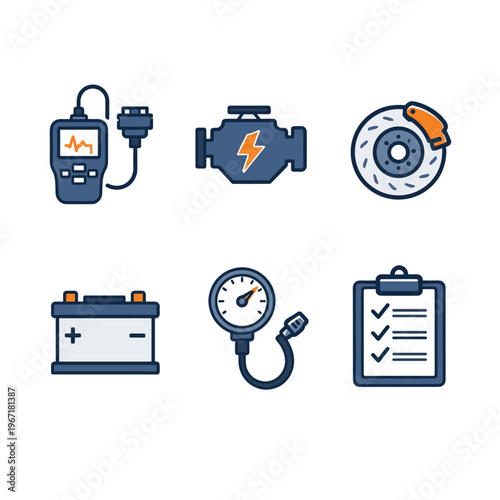 Automotive diagnostic tools and components icon set