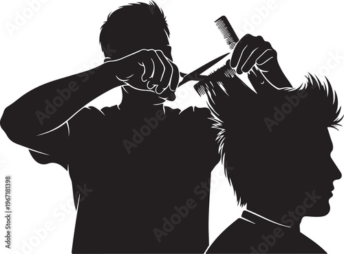 Black silhouette of barber cutting hair haircut scissors
