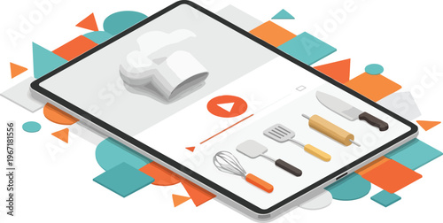 Online Cooking Classes and Culinary Video Tutorials Illustration on Digital Tablet with Chef Hat and Kitchen Utensils