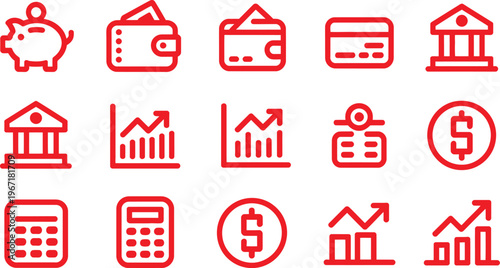 Set of financial icons representing money management and investment concepts
