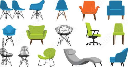 Illustration of sixteen diverse chair designs including modern plastic, cushioned armchairs, lounge chairs, wireframe seating, and ergonomic office chair, representing furniture variety, 