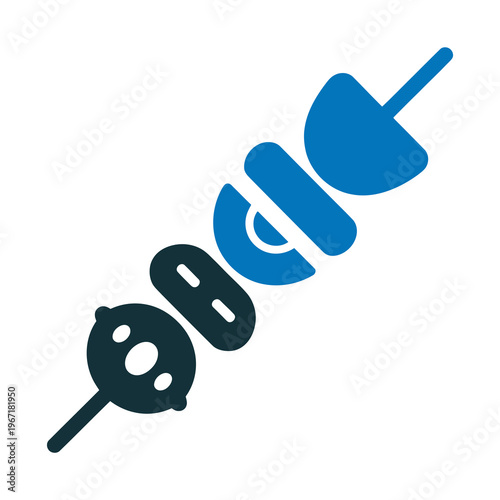 Vector icon of a skewer with a mushroom, vegetable slices and a blue shrimp