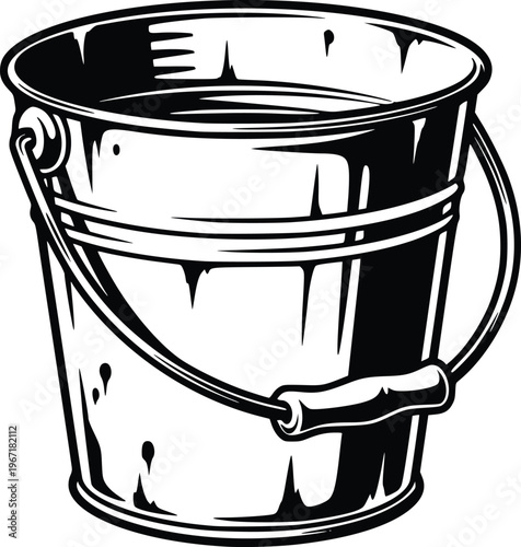 Vintage Hand Drawn Metal Bucket with Handle Engraving Style Vector Illustration