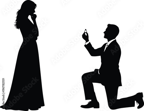 Romantic black silhouette illustration of man kneeling with ring proposing to woman in long dress, representing love, engagement, marriage commitment, and emotional relationship concept