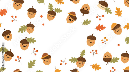 Autumn themed pattern design showing cute smiling acorns with little faces and colorful fallen oak leaves on a white base.