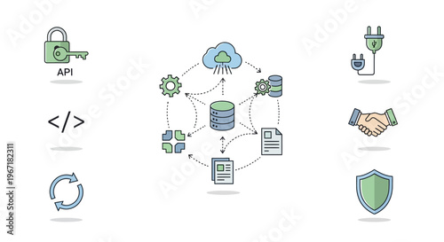 Cloud computing, network security, API connectivity, data storage icons