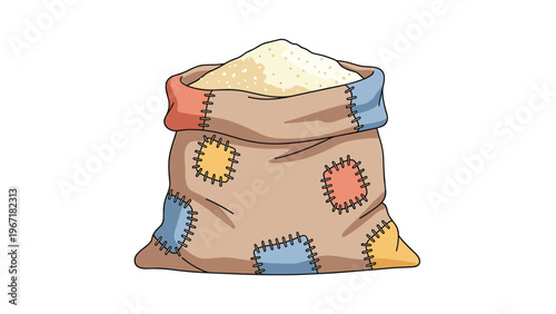 Large burlap sack filled with grain or sand featuring colorful stitched patches in red, blue, and yellow on its surface.