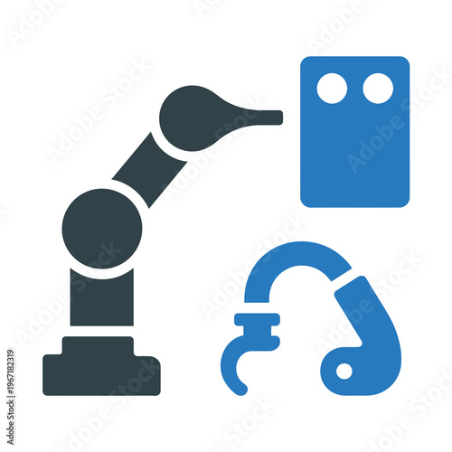 Vector of a robotic arm with mechanical components and technical icons